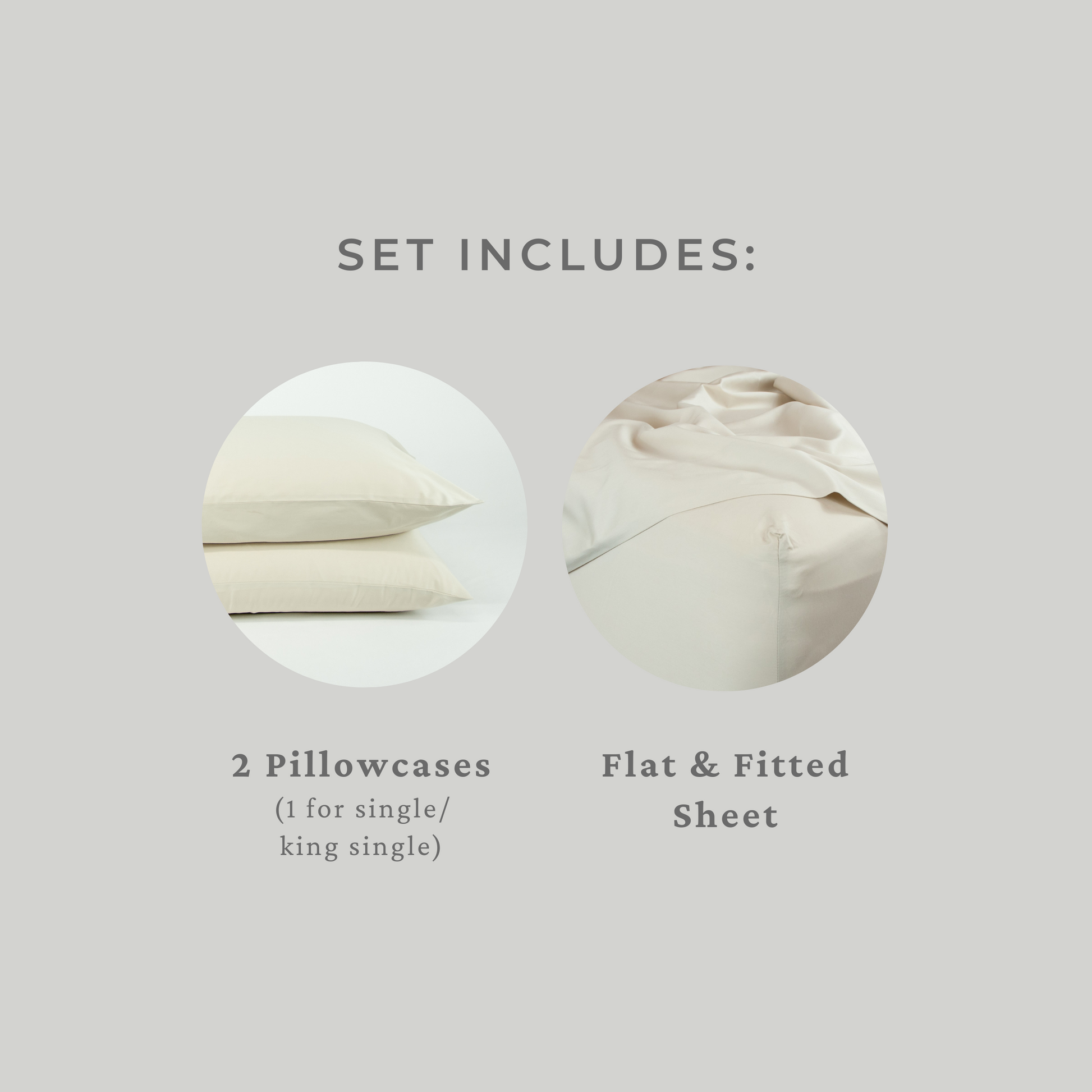 Set includes: flat and fitted sheet, two pillowcases (1 for single or king single)