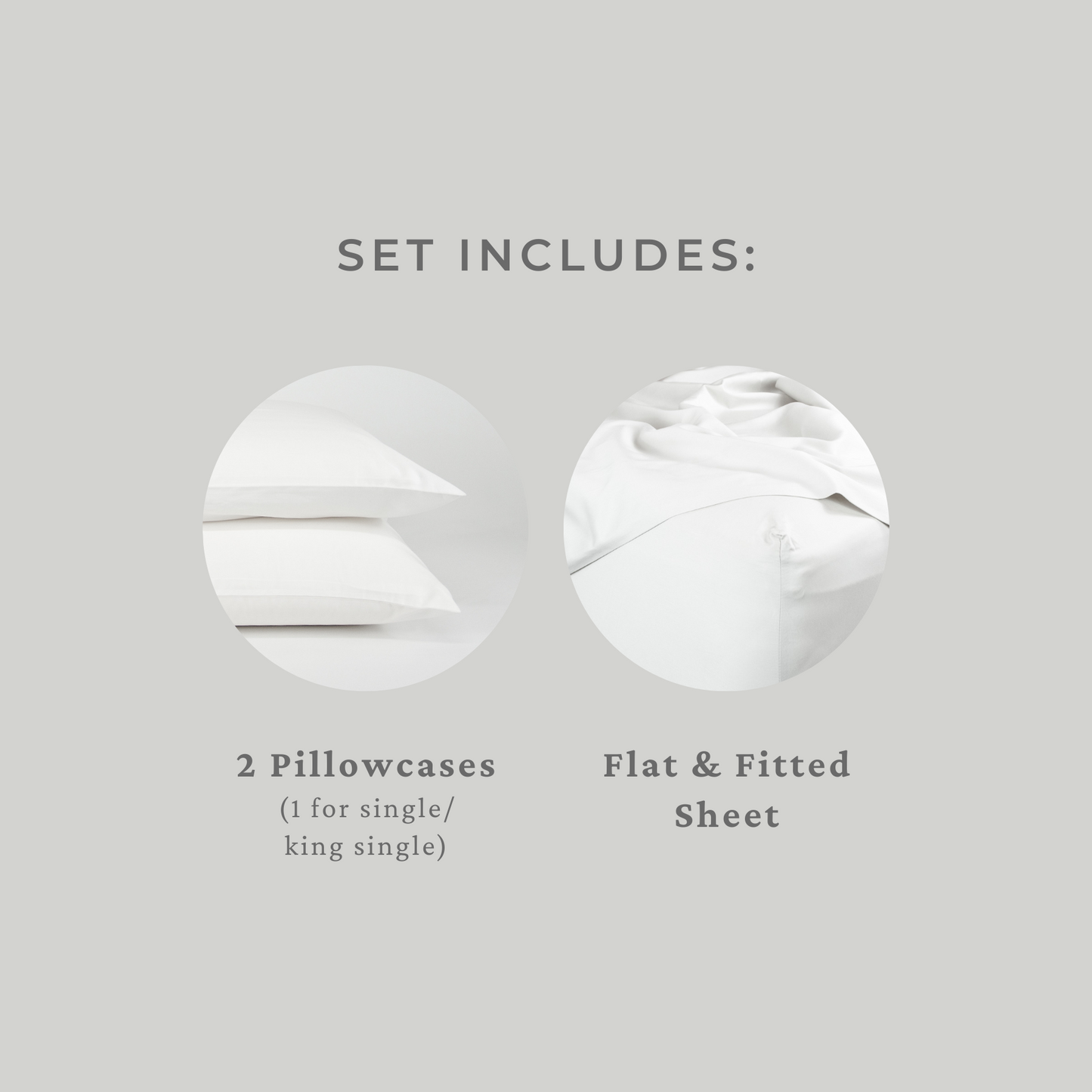 Set includes: flat and fitted sheet, two pillowcases (1 for single or king single)