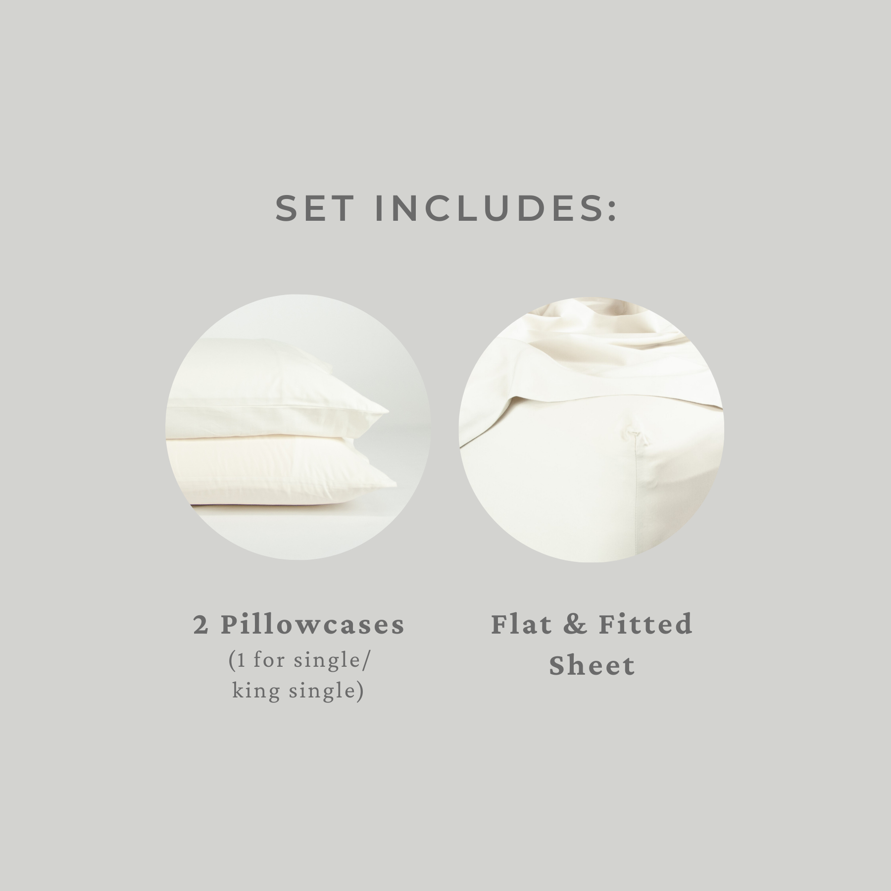 Set includes: flat and fitted sheet, two pillowcases (1 for single or king single)