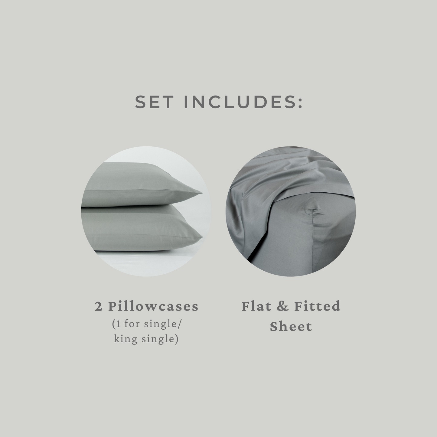 Set includes: flat and fitted sheet, two pillowcases (1 for single or king single)