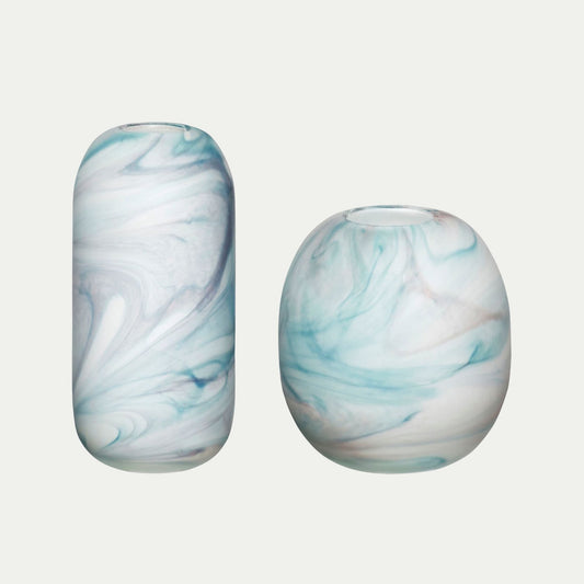 Hubsch Interior Scandi style marbled vases in white and blue glass on white background