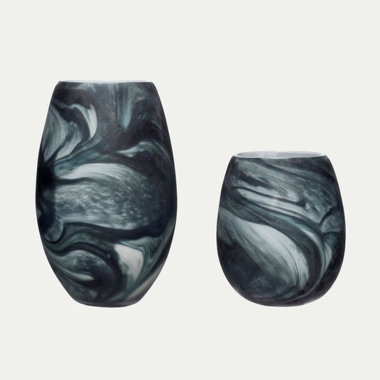 Hubsch Interior Scandi style marbled vases in white and dark green glass on white background